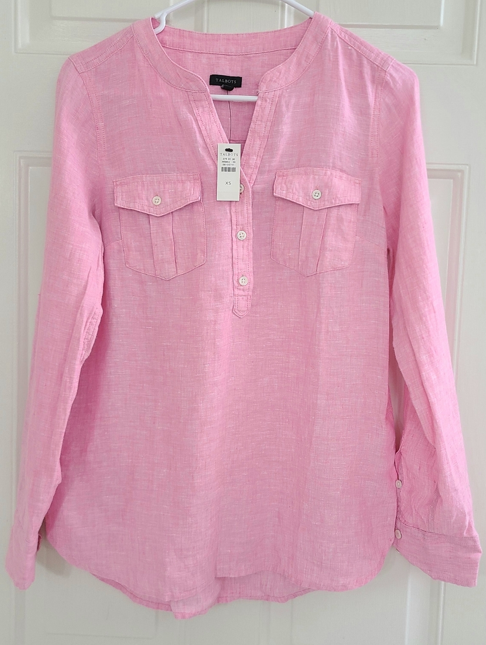 Talbots Women's 100% Linen Pink Shirt Blouse Size XS Roll Tab Sleeve